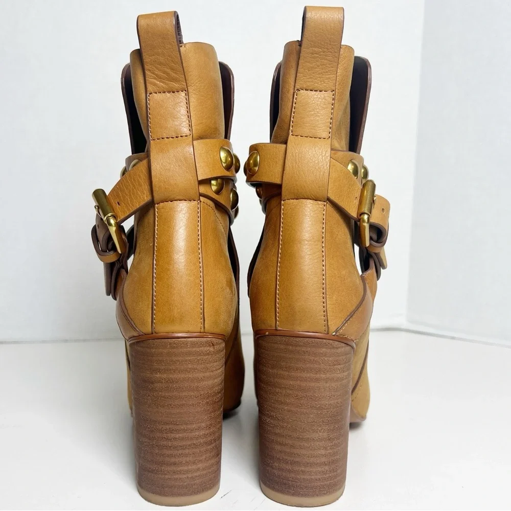 •SEE BY CHLOE• Janis Heeled Bootie in Brown Leather Gold Studded Size EU 35/US 5